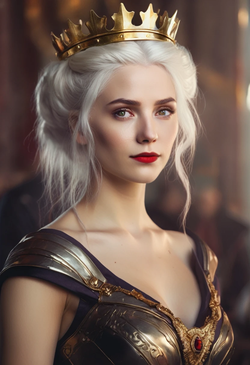 Woman with white hair and light violet eyes, very white skin, has a mini updo in her hair with a gold crown with rubies, has natural red lips with a mini smile, is too beautiful, has a black dress with red and the The dress has a deep neckline on the chest and is one meter and seventy centimeters tall. Behind her there is a man who is one meter and ninety centimeters tall. He has a military body with broad shoulders. He has white hair and dark violet eyes. His features are serious. He is dressed. With gold and silver armor, he has one hand on the woman's waist and the other on the handle of a sword. Behind them there are two dragons, one black and the other red.