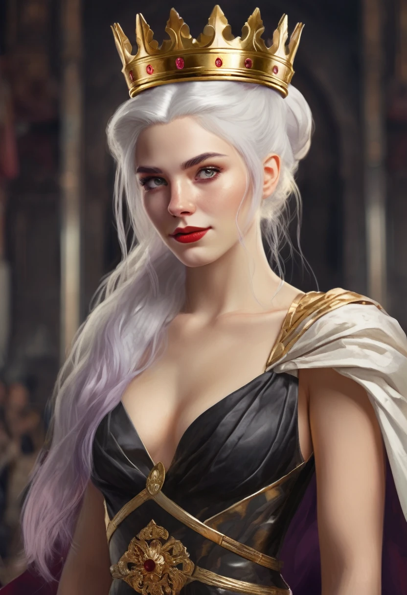 Woman with white hair and light violet eyes, very white skin, has a mini updo in her hair with a gold crown with rubies, has natural red lips with a mini smile, is too beautiful, has a black dress with red and the The dress has a deep neckline on the chest and is one meter and seventy centimeters tall. Behind her there is a man who is one meter and ninety centimeters tall. He has a military body with broad shoulders. He has white hair and dark violet eyes. His features are serious. He is dressed. With gold and silver armor, he has one hand on the woman's waist and the other on the handle of a sword. Behind them there are two dragons, one black and the other red.