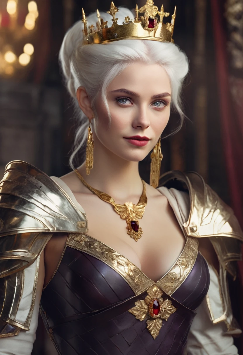 Woman with white hair and light violet eyes, very white skin, has a mini updo in her hair with a gold crown with rubies, has natural red lips with a mini smile, is too beautiful, has a black dress with red and the The dress has a deep neckline on the chest and is one meter and seventy centimeters tall. Behind her there is a man who is one meter and ninety centimeters tall. He has a military body with broad shoulders. He has white hair and dark violet eyes. His features are serious. He is dressed. With gold and silver armor, he has one hand on the woman's waist and the other on the handle of a sword. Behind them there are two dragons, one black and the other red.