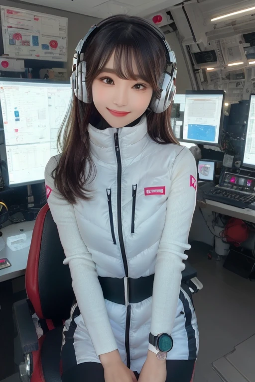 masterpiece, Highest quality, Very detailed, 8K Portrait,Japanese Android Girl,plump , Control panel,Robotic arms and legs, Blunt bangs,,break (Metallic Gray, Metallic luster, Mirror finish, Astro Best):5,headphone:5,break (Black sleeves):100,Smart Watches,Futuristic space station,Control Room,break headphone,blue eyes,(Black Hair):2,(Long Hair):1.3,Displaying the viewer,(respirator),break blush:3,Hidden Hand,smile