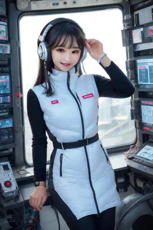 masterpiece, Highest quality, Very detailed, 8K Portrait,Japanese Android Girl,plump , Control panel,Robotic arms and legs, Blunt bangs,,break (Metallic Gray, Metallic luster, Mirror finish, Astro Best):5,headphone:5,break (Black sleeves):100,Smart Watches,Futuristic space station,Control Room,break headphone,blue eyes,(Black Hair):2,(Long Hair):1.3,Displaying the viewer,(respirator),break blush:3,Hidden Hand,smile