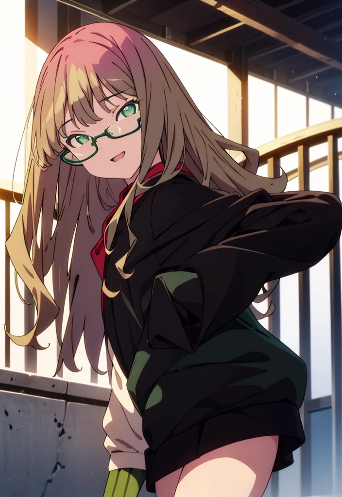 minami yume ,sss Dynazenon ,Long Hair, Brown Hair, (Green Eyes:1.5) ,Center of chest,hair band,happy smile, smile, Open your mouth, Black-rimmed glasses,Oversized red hoodie,Blue long skirt,short boots,Walking,whole bodyがイラストに入るように
break looking at viewer, whole body,(Cowboy Shot:1. 5),
break outdoors, Building district,
break (masterpiece:1.2), Highest quality, High resolution, unity 8k wallpaper, (shape:0.8), (Beautiful and beautiful eyes:1.6), Highly detailed face, Perfect lighting, Extremely detailed CG, (Perfect hands, Perfect Anatomy),