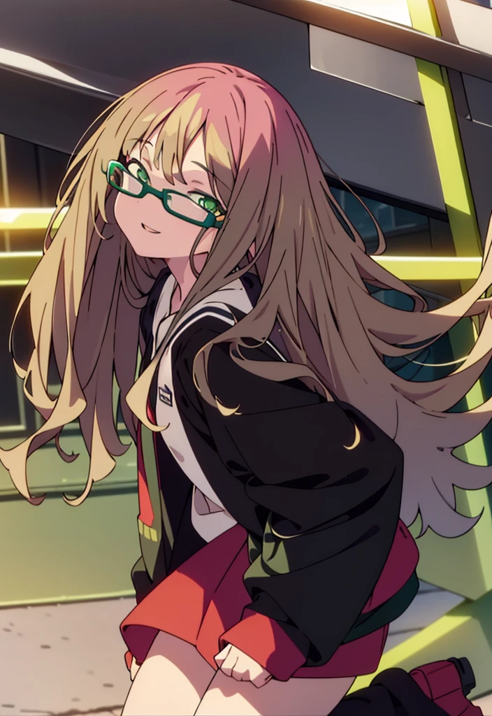 minami yume ,sss Dynazenon ,Long Hair, Brown Hair, (Green Eyes:1.5) ,Center of chest,hair band,happy smile, smile, Open your mouth, Black-rimmed glasses,Oversized red hoodie,Blue long skirt,short boots,Walking,whole bodyがイラストに入るように
break looking at viewer, whole body,(Cowboy Shot:1. 5),
break outdoors, Building district,
break (masterpiece:1.2), Highest quality, High resolution, unity 8k wallpaper, (shape:0.8), (Beautiful and beautiful eyes:1.6), Highly detailed face, Perfect lighting, Extremely detailed CG, (Perfect hands, Perfect Anatomy),