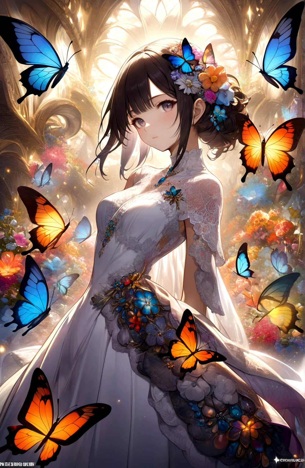 (masterpiece, top quality, best quality, official art, beautiful and aesthetic:1.2), (1girl), extreme detailed,(fractal art:1.3),colorful,highest detailed,upper body, [lace],[jewelry],[flower],[[butterfly]],