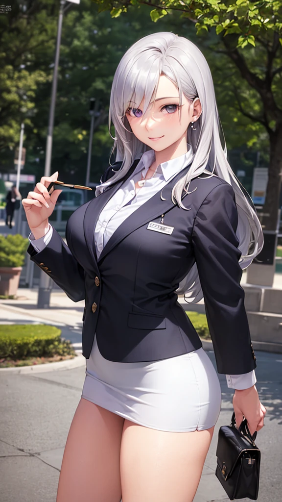 (masterpiece:1.2, top-quality), (realistic, photorealistic:1.4), beautiful illustration, (natural side lighting, movie lighting),
looking at viewer, cowboy shot, front view, 1 girl, japanese, high school girl, perfect face, cute and symmetrical face, shiny skin, babyface,
(long hair, straight hair, silver hair), hair between eyes, purple eyes, (middle breasts, seductive thighs, big ass), piercings,
beautiful hair, beautiful face, beautiful detailed eyes, beautiful clavicle, beautiful body, beautiful chest, beautiful thigh, beautiful legs, beautiful fingers,
((long sleeves, white collared shirt, black suit jacket, black pencil mini skirt), id card, strap, black high heels),
(beautiful scenery), evening, park, walking, (lovely smile, upper eyes), big tits, ((high resolution face)), plump