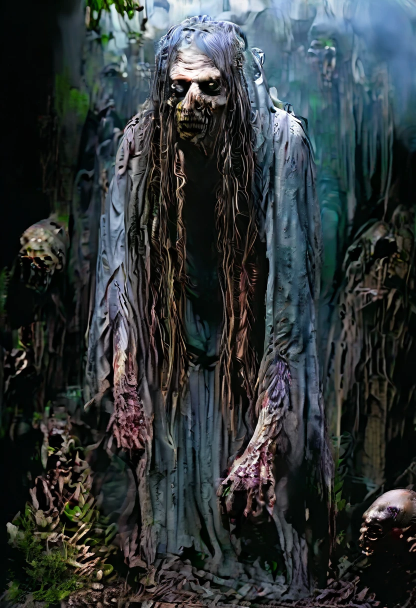 Green skin swamp hag. Grey hair. Tattered robes. Moss and fungus like blotchy patches and growths on skin. Old. Hunched over. Humped back. In dark scary swamp with rickety wooden shack decaying in background overgrown with vines and swamp plants and mushrooms. Rotten wood. 