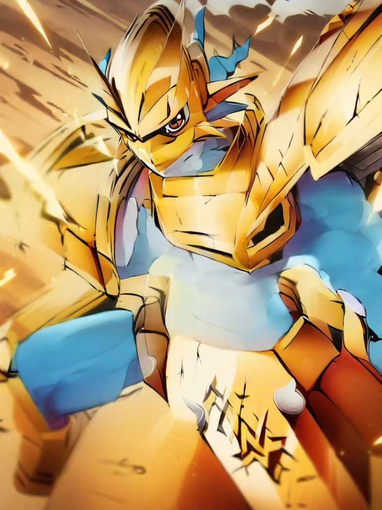 solo,angry Magnamon,tall, blue and white skin,(battle damaged:1.5),(topless Magnamon:2),(armor fragments:1.5),(shirtless:1.5), fighting_stance, in desert ,full_shot