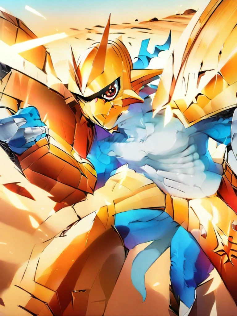 solo,angry Magnamon,tall, blue and white skin,(battle damaged:1.5),(topless Magnamon:2),(armor fragments:1.5),(shirtless:1.5), fighting_stance, in desert ,full_shot
