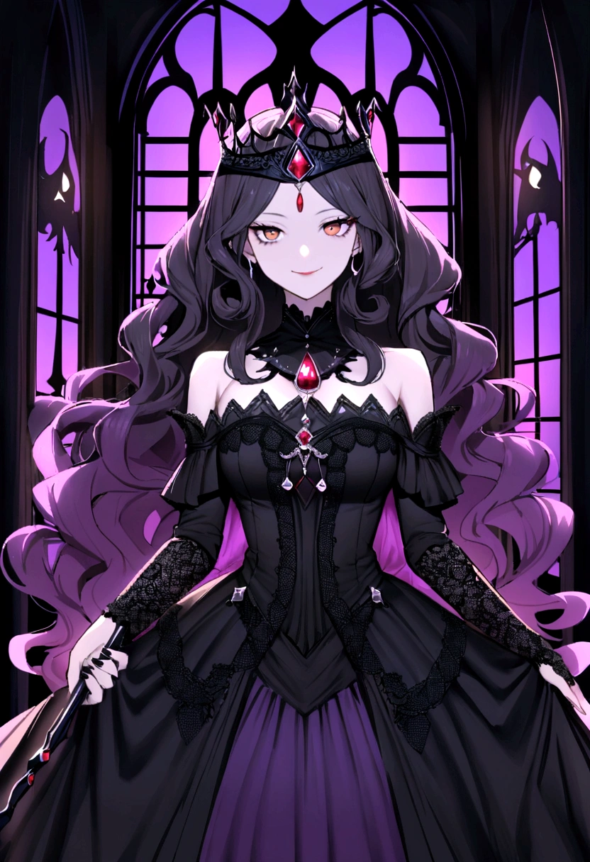 (The image frame is the Queen of Spades),Draws an image of an aristocratic woman with curly or wavy hair, Alabaster skin and brown eyes that exude a brutal aura.. Your hair, meticulously arranged, They are black as night、She wears a sinister tiara studded with dark jewels.. She is wearing a beautiful dress, Mainly black, but、Red and purple details suggest a leaning towards the dark side. She holds a scepter decorated with evil symbols.、He is gazing at me with a slightly mischievous smile.。. The setting is a dark castle with mysterious tapestries and gothic windows that let in only dim light.。, Increases the aura of malevolent royalty