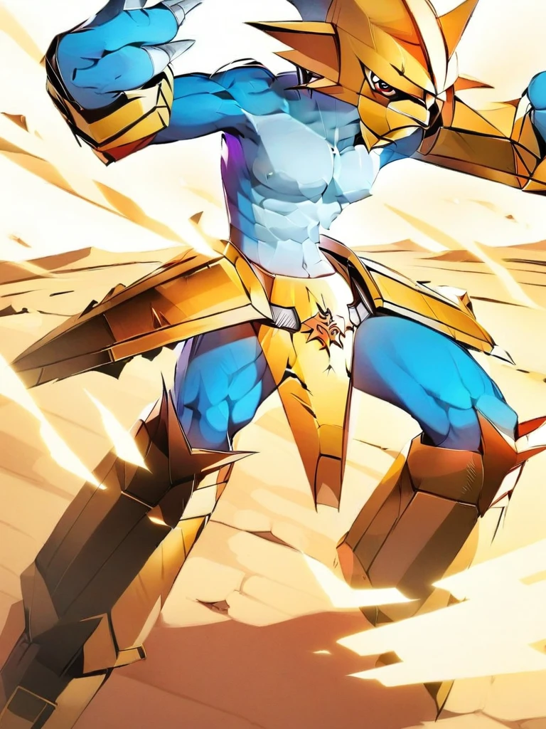 solo,angry Magnamon,tall, blue and white skin,(battle damaged:1.5),(topless Magnamon:2),(armor fragments:1.5),(shirtless:1.5), fighting_stance, in desert ,full_shot
