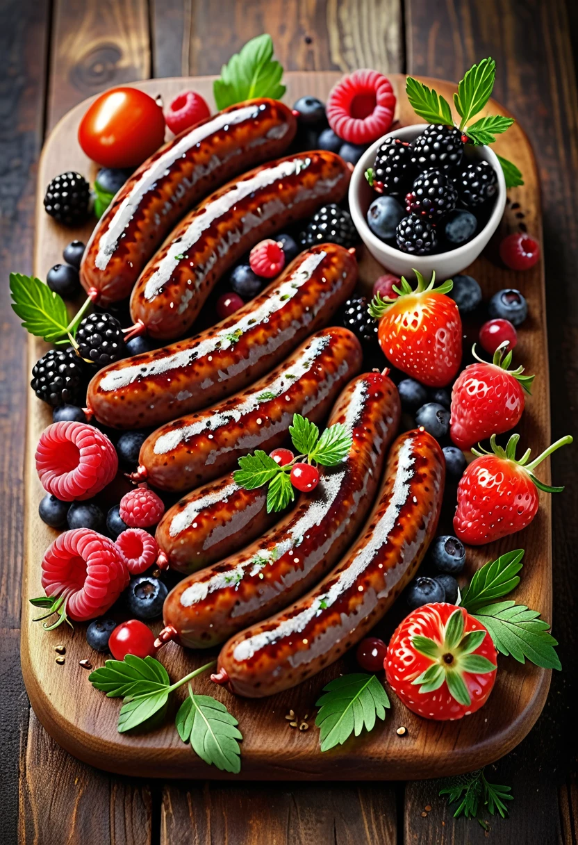 detailed food photography, high quality food still life, delicious sausage and berries, vibrant color palette, natural lighting, appetizing presentation, rustic wooden surface, textural close-up, mouthwatering food art, professional food photography, culinary masterpiece, gourmet food styling, lush berry arrangement, savory and sweet contrast, detailed food textures, rich color tones, atmospheric lighting, photorealistic food image, fresh natural ingredients, culinary art, (best quality,4k,8k,highres,masterpiece:1.2),ultra-detailed,(realistic,photorealistic,photo-realistic:1.37)