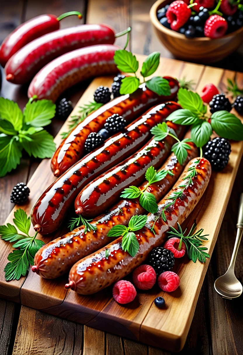 detailed food photography, high quality food still life, delicious sausage and berries, vibrant color palette, natural lighting, appetizing presentation, rustic wooden surface, textural close-up, mouthwatering food art, professional food photography, culinary masterpiece, gourmet food styling, lush berry arrangement, savory and sweet contrast, detailed food textures, rich color tones, atmospheric lighting, photorealistic food image, fresh natural ingredients, culinary art, (best quality,4k,8k,highres,masterpiece:1.2),ultra-detailed,(realistic,photorealistic,photo-realistic:1.37)