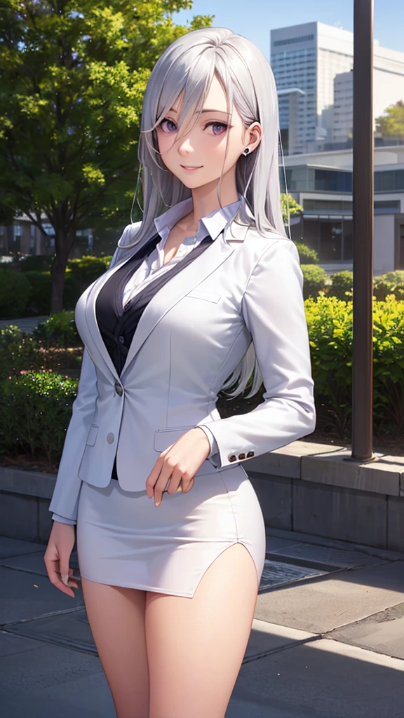 (masterpiece:1.2, top-quality), (realistic, photorealistic:1.4), beautiful illustration, (natural side lighting, movie lighting), 
looking at viewer, cowboy shot, front view, 1 girl, japanese, high school girl, perfect face, cute and symmetrical face, shiny skin, babyface, 
(long hair, straight hair, silver hair), hair between eyes, purple eyes, (middle , seductive thighs, big ), piercings, 
beautiful hair, beautiful face, beautiful detailed eyes, beautiful clavicle, beautiful body, beautiful , beautiful thigh, beautiful legs, beautiful fingers, 
((long sleeves, white collared shirt, black suit jacket, black pencil mini skirt), id card, strap, black high heels), 
(beautiful scenery), evening, park, walking, (lovely smile, upper eyes), big , ((high resolution face)), plump