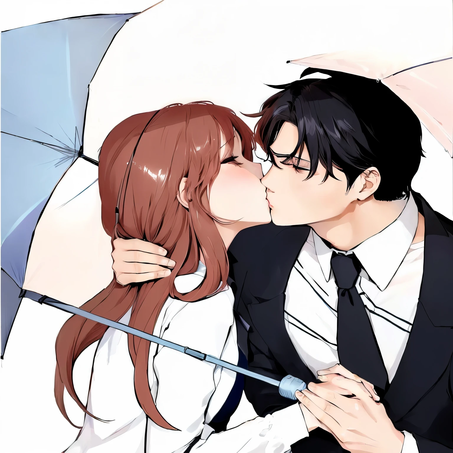 anime couple kissing under umbrella in the rain, kissing together cutely, kissing together, shoujo romance, official fanart, marton gyula kiss ( kimagu ), lovely kiss, manhwa, ( ( ( yoshinari yoh ) ) ), kissing each other, man eyes closed, girl with open eyes scared, girl kissing surprise, girl detailed eyes
