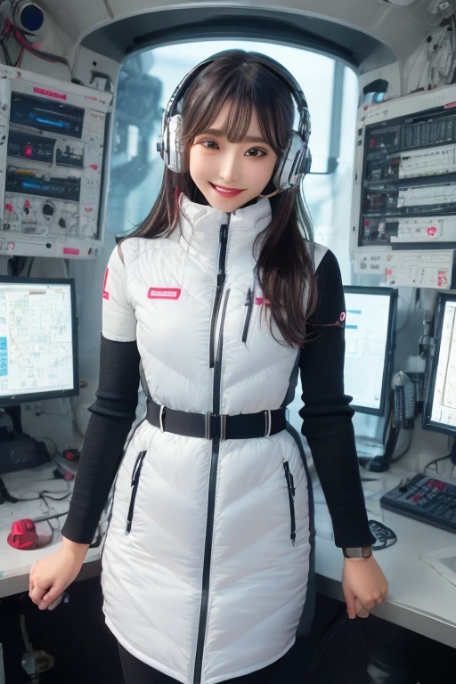masterpiece, Highest quality, Very detailed, 8K Portrait,Japanese Android Girl,plump , Control panel,Robotic arms and legs, Blunt bangs,,break (Metallic Gray, Metallic luster, Mirror finish, Astro Best):5,headphone:5,break (Black sleeves):100,Smart Watches,Futuristic space station,Control Room,break headphone,blue eyes,(Black Hair):2,(Long Hair):1.3,Displaying the viewer,(respirator),break blush:3,Hidden Hand,smile