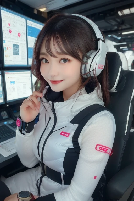 masterpiece, Highest quality, Very detailed, 8K Portrait,Japanese Android Girl,plump , Control panel,Robotic arms and legs, Blunt bangs,,break (Metallic Gray, Metallic luster, Mirror finish, Astro Best):5,headphone:5,break (Black sleeves):100,Smart Watches,Futuristic space station,Control Room,break headphone,blue eyes,(Black Hair):2,(Long Hair):1.3,Displaying the viewer,(respirator),break blush:3,Hidden Hand,smile
