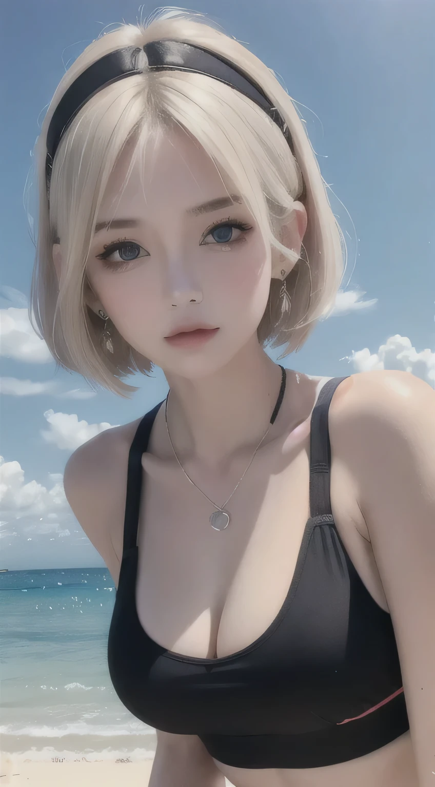 ultra-detailed, bright colour, (Black Sports Bra:1.4),(Show below:1.3),(Surprised:1.4),extremely beautiful detailed face and eyes, view straight on, shiny_skin, 25 years old, Short hair, , asymmetrical bangs, Blonde hair with short twin tails, Forehead, Shiny hair, Delicate beautiful face, red blush、Blue eyes, White skin, hair clips, earrings, a necklace,  Beautiful cloud, Blue summer sky、A park full of nature