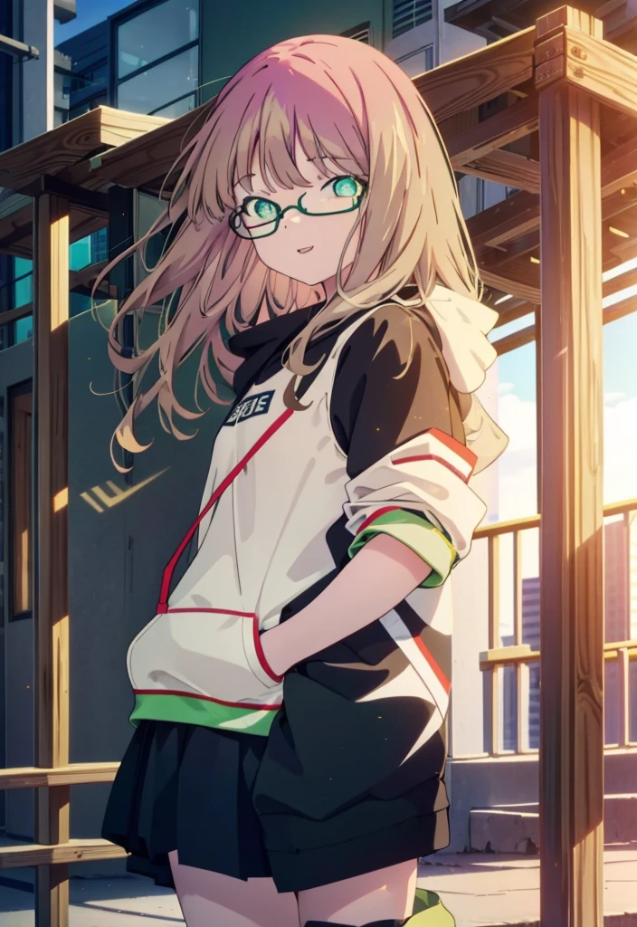 minami yume ,sss Dynazenon ,Long Hair, Brown Hair, (Green Eyes:1.5) ,Center of chest,hair band,happy smile, smile, Open your mouth, Black-rimmed glasses,Oversized red hoodie,Blue long skirt,short boots,Walking,whole bodyがイラストに入るように
break looking at viewer, whole body,(Cowboy Shot:1. 5),
break outdoors, Building district,
break (masterpiece:1.2), Highest quality, High resolution, unity 8k wallpaper, (shape:0.8), (Beautiful and beautiful eyes:1.6), Highly detailed face, Perfect lighting, Extremely detailed CG, (Perfect hands, Perfect Anatomy),