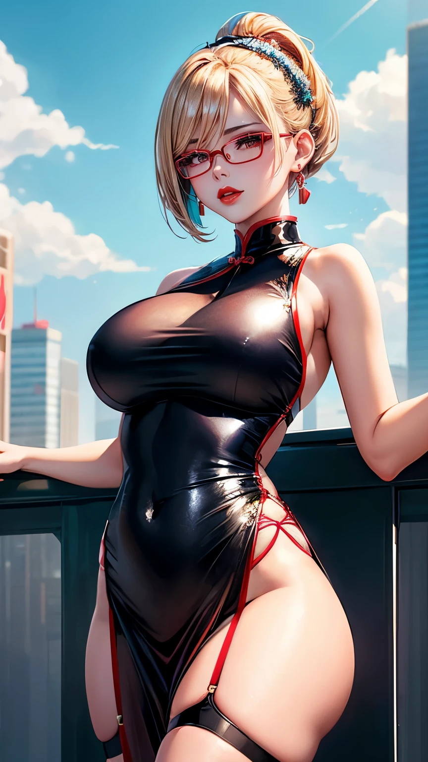 Chinese Idol Mature Woman Blonde chignon with bangs short hair Smokey makeup black mascara ((Rimless glasses)) Bright red lipstick and plump lips Super shiny metallic turquoise Chinese dress style competitive swimsuit garter belt Big Breasts Duck mouth Sweaty, shiny skin Armpit A rooftop with a beautiful view of Beijing's nightscape Blushed cheeks