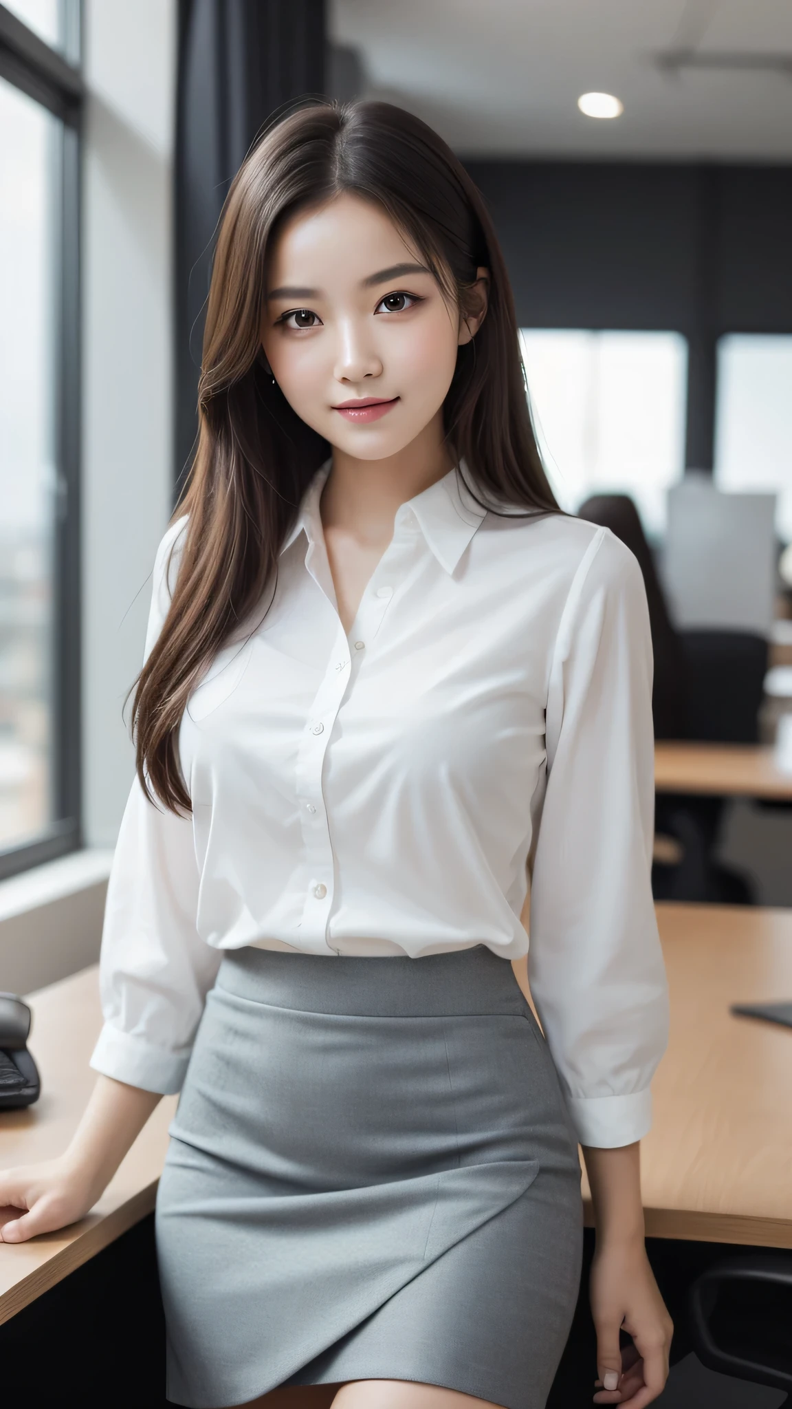 (1ung girl), gentle face, (round eyes:1.2), (highly detailed face), smile, Amazing face and eyes, (Best Quality:1.4), (Ultra-detailed), (extremely detailed CG unified 8k wallpaper), Highly detailed, High-definition raw color photos, Professional Photography, Realistic portrait, Amazing face and eyes, indoors, office, (office lady, Tight Skirt:1.3), (A moment of relaxation), model, depth of fields, (fine face:1.2),