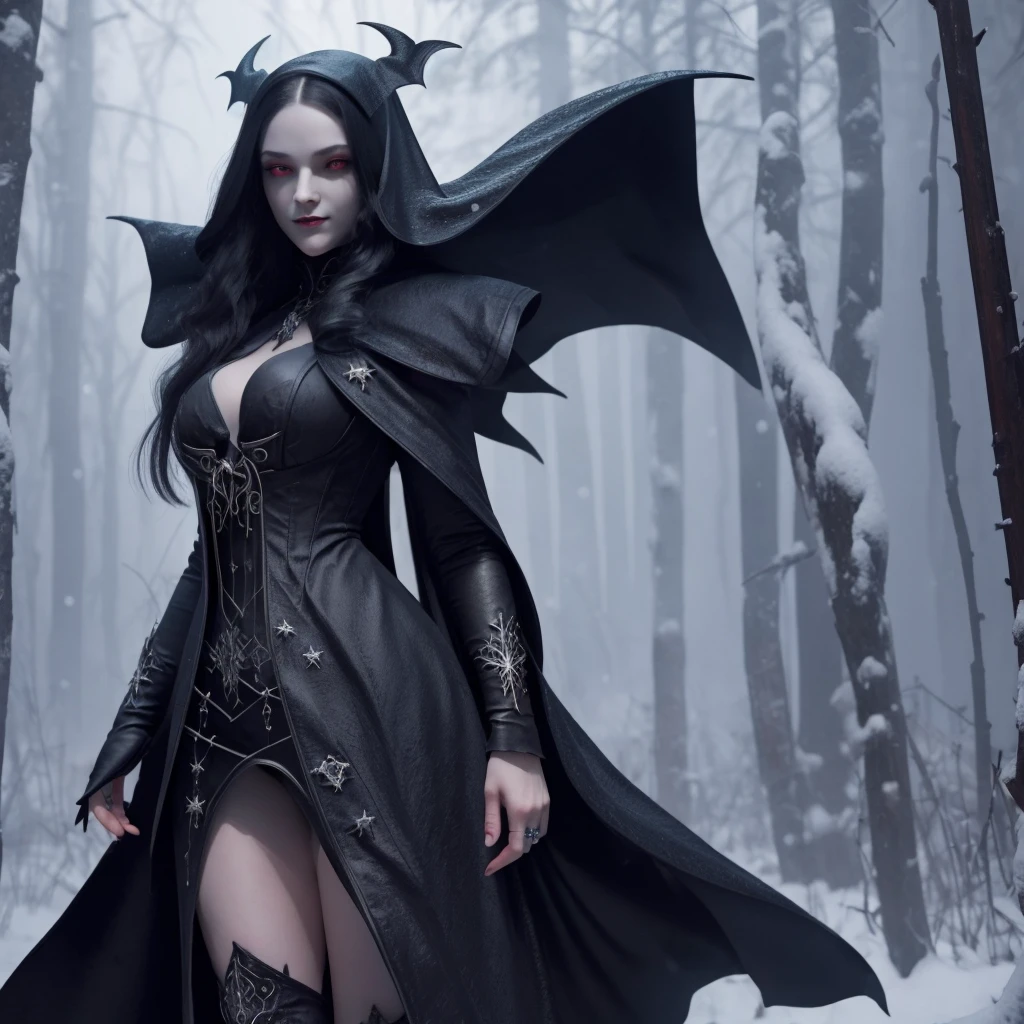 1man, mysteriously, impious,creepy style,mystic,full body photo of,Vampires wear long black coats.,The red eyes are its most striking feature..,There seemed to be an evil aura hidden in his smile..,Her skin was as pale as snow.,Shows a mysterious and majestic atmosphere.。fantasy concept art, 8k resolution, gothic masterpiece by deviantart, The blows are heavy, paint drops, mysteriously, impious, impious, star lights, chilling,