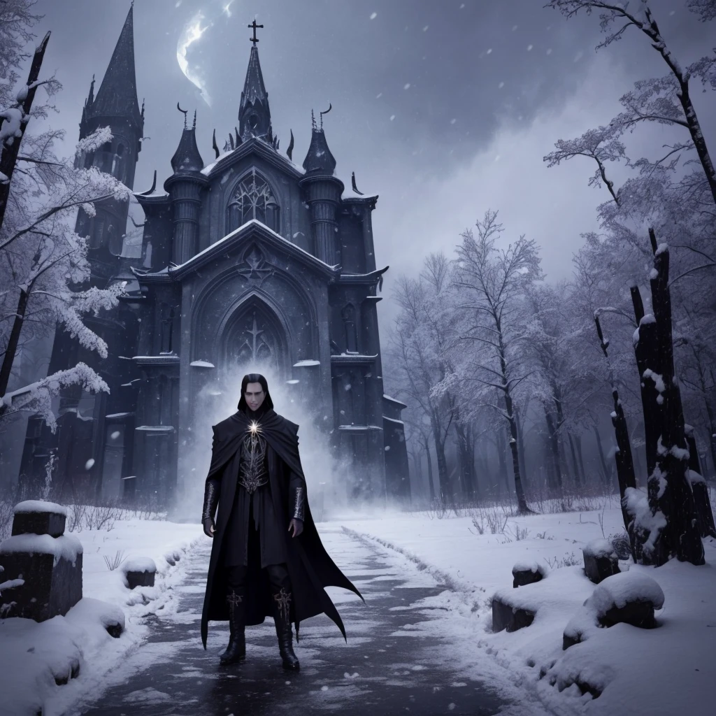 1man, mysteriously, impious,creepy style,mystic,full body photo of,Vampires wear long black coats.,The red eyes are its most striking feature..,There seemed to be an evil aura hidden in his smile..,Her skin was as pale as snow.,Shows a mysterious and majestic atmosphere.。fantasy concept art, 8k resolution, gothic masterpiece by deviantart, The blows are heavy, paint drops, mysteriously, impious, impious, star lights, chilling,