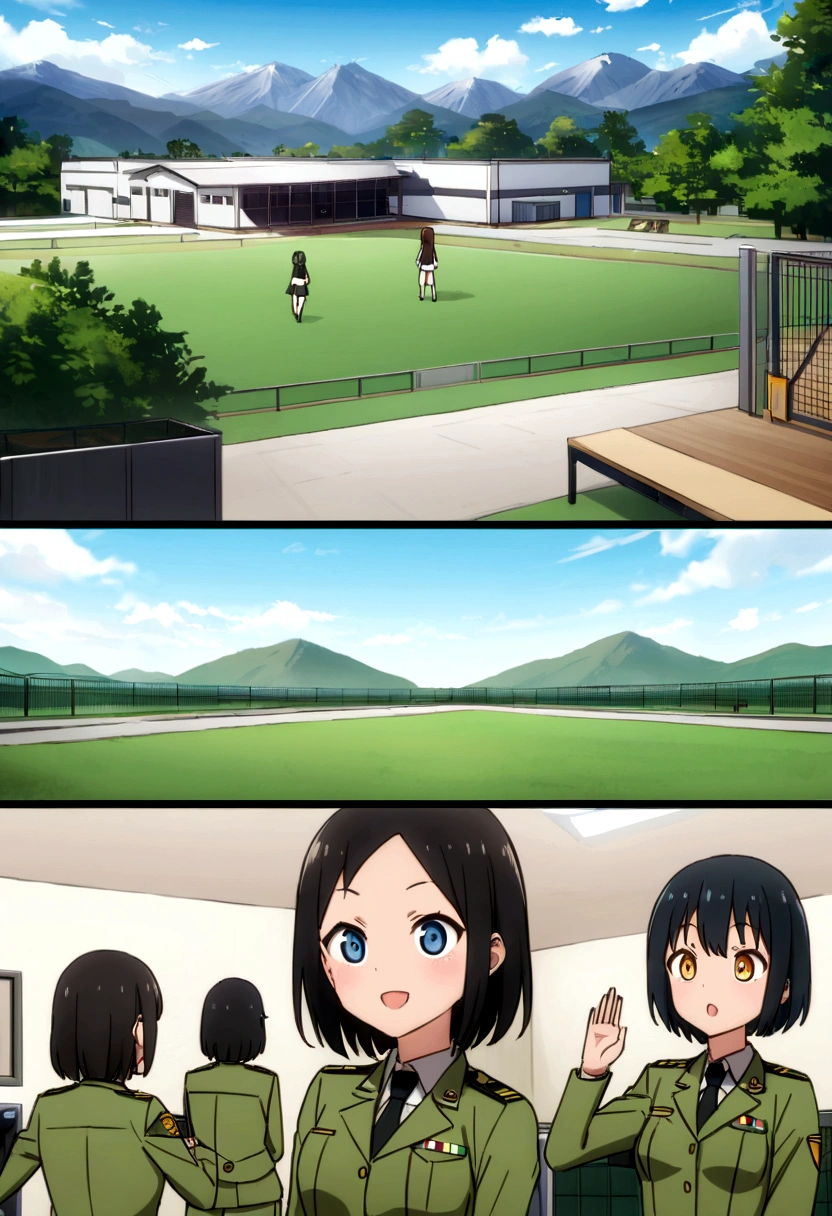 Highest quality、high resolution、Detailed Description、Detailed Background、Accurate depiction、animeスタイル、anime、Four Girlore than one person、元気なFour Girls、Dark Skin、uniform、army base、Headquarters Interior、Command Room、Training Facilities、Chat、chatting、Black Short Hair、Big eyes、cute、Asahi、View of the shooting range and mountains