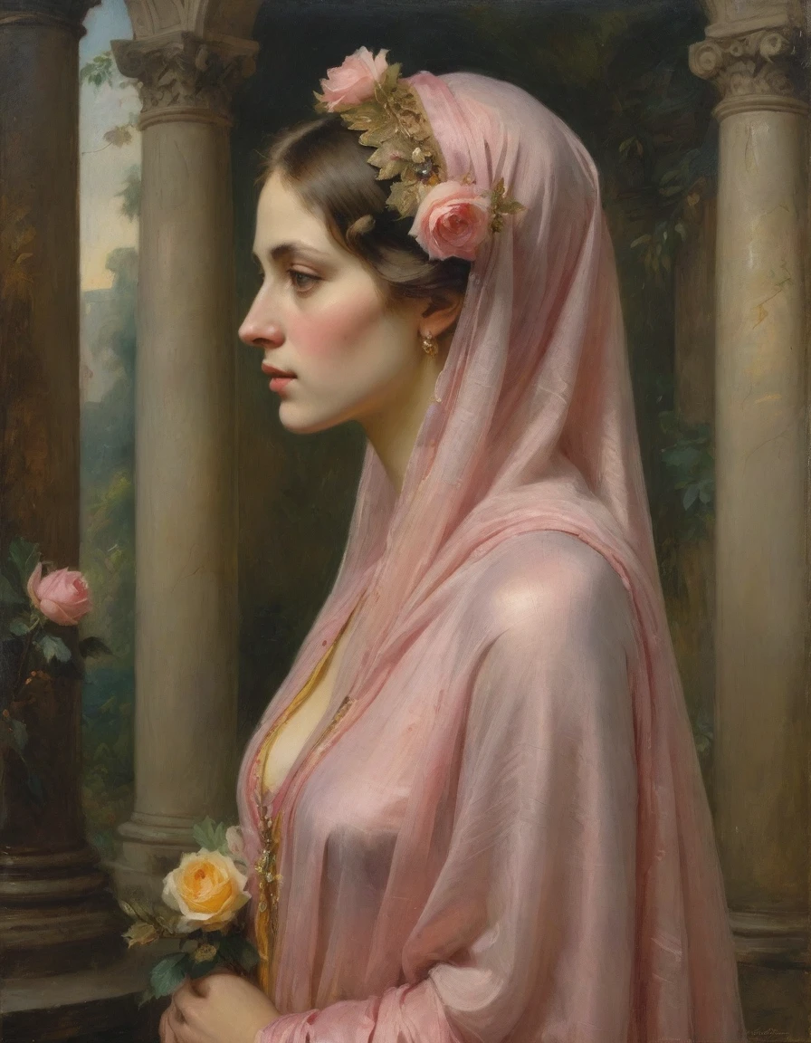 Masterpiece, ((realistic)), (propaganda poster), (((by Gustave Moreau))), ((((profile portrait of a veiled roman woman, young, priestess, dignified, wearing pink and yellow silken robes, detailed moth, rose elements, muted colors)))), (((Corinthian columns with moth elements, jungle background, moths)))