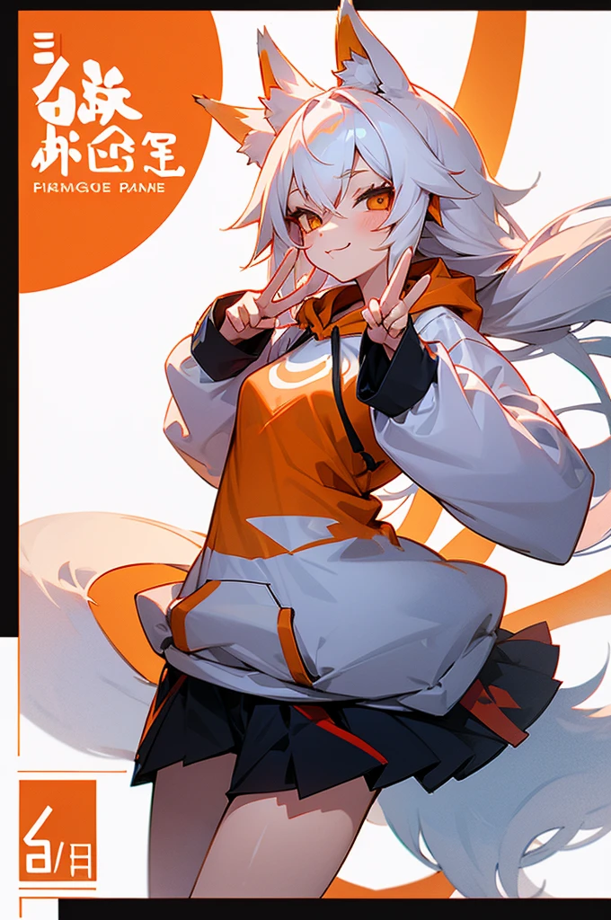 1girl,  body, small breast, fox girl, fox ears, kitsune, kitsune tails, white hair long, hair, hoodie, cute pose, kawaii, cute pose, peace sign hands, winking, plain background, white background, half body composition, standing pose