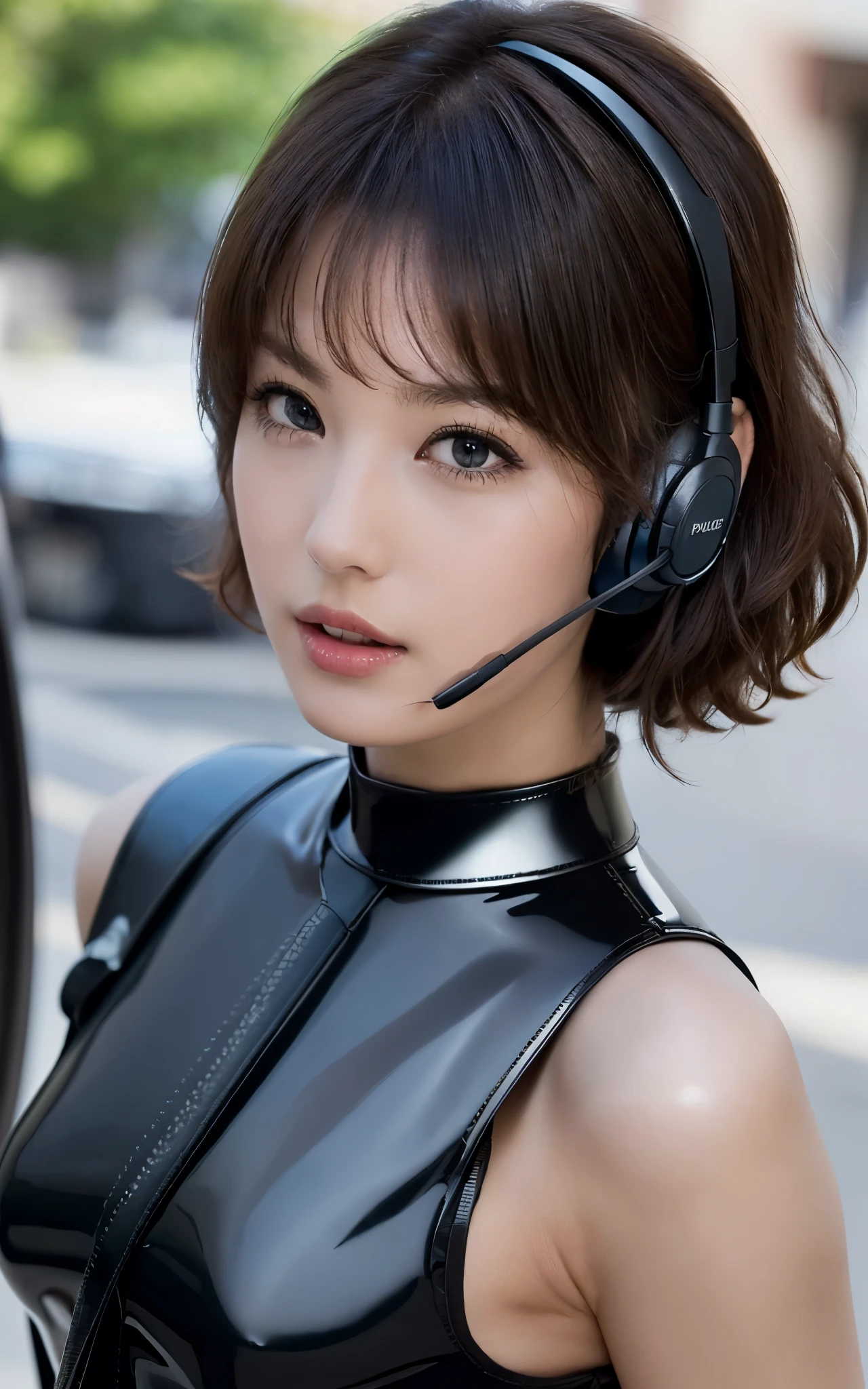 dressed, (photo realistic:1.4), (hyper realistic:1.4), (realistic:1.3), (smoother lighting:1.05), (Improve the quality of cinematic lighting:0.9), 32k, 1girl:1.2, 17 year old girl, realistic lighting, Backlight, light shines on your face, ray tracing, (bright light:1.2), anatomically correct proportions, (Improvement of quality:1.4), (Highest quality realistic textured skin:1.4), (detailed eyes), (black eye), detailed face, high quality eyes, (Tired, sleepy and satisfied:0.0), (((close up of face:1.4))), ((wblack latex tube dress likes police uniform, wearing high-tech headset, military harness:1.15)), japanese girl, (Enhance the mood of your body line:1.1), (Enhances the beauty of skin texture:1.1), (light makeup:1.5]], eyeliner), hair dancing in the wind, brown hair, chignon hair, ((bright dark short (bangs swept to the side), very detailed)),