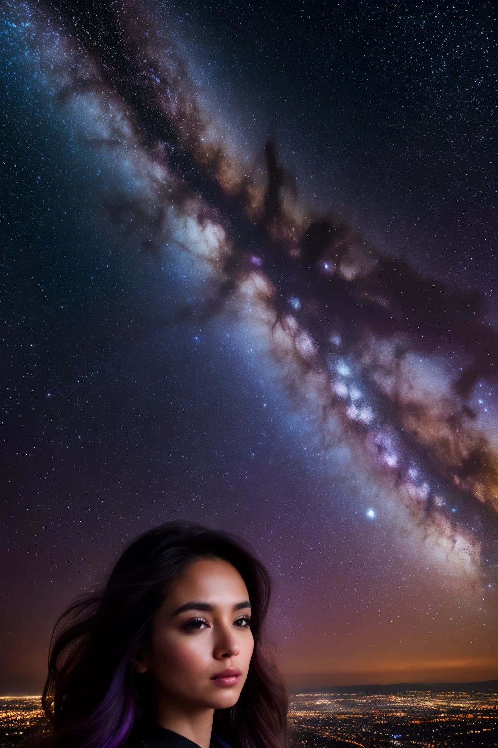 A beautiful girl under a starry night sky, the constellations of the zodiac visible as if they were vibrant nebulae in shades of purple, a vast cosmic expanse surrounding her, in the distant background a cyberpunk city skyline at the bottom of the frame, cinematic lighting, highly detailed, photorealistic, 8k, masterpiece