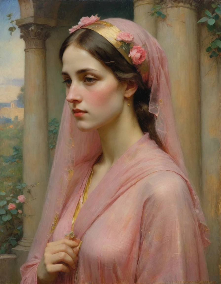 Masterpiece, ((realistic)), (propaganda poster), (((by John William Waterhouse))), ((by Odilon Redon)), ((((profile portrait of a veiled roman woman, young, priestess, dignified, wearing pink and yellow silken robes, detailed moth and rose elements, muted colors)))), (((corinthian columns with moth elements, jungle background, moths)))
