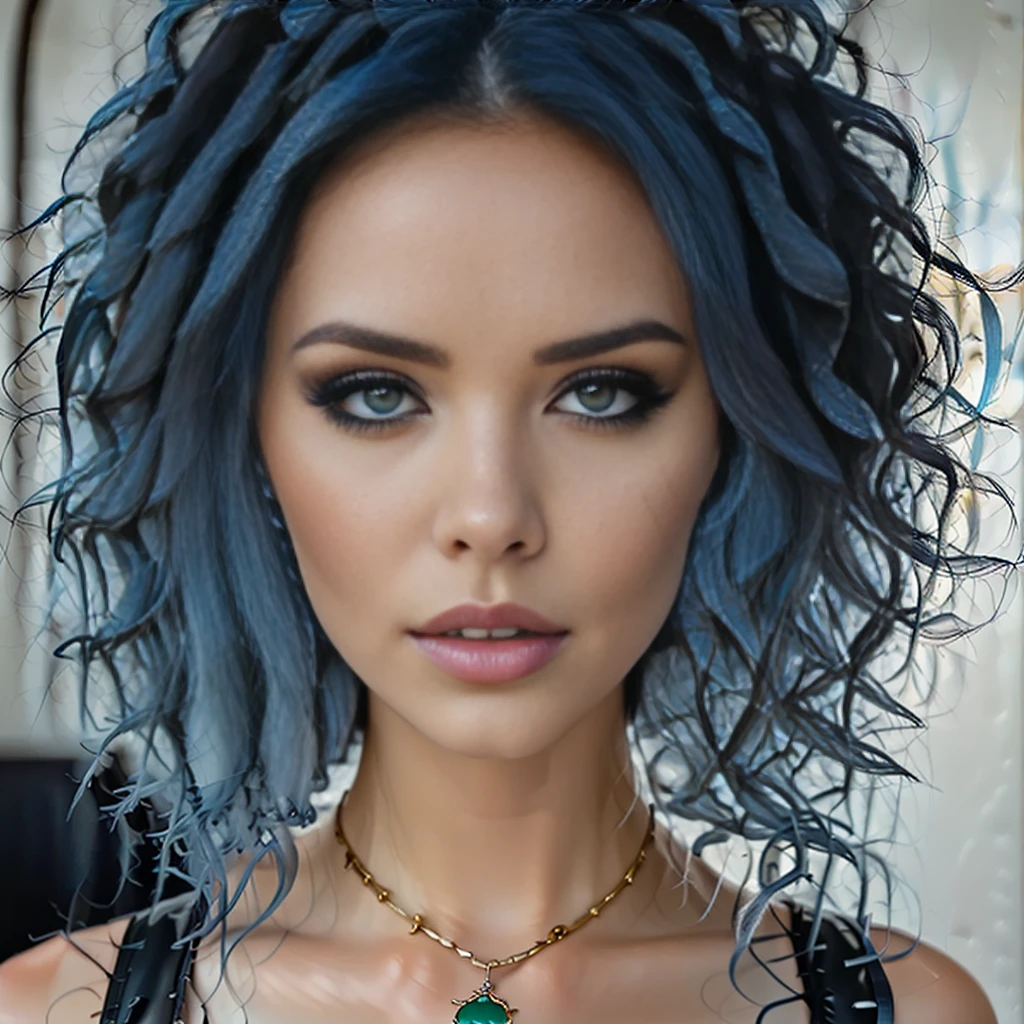 a close-up of a woman with blue hair and a necklace, A digital painting, inspired by Hedi Xandt, Trends bei CG Society, digital art, Photo of a beautiful woman, pretty girl with blue hair, Beautiful portrait image, Breathtaking portrait, detailed beauty portrait, beautiful woman with blue hair, beautiful blue-haired girl, Realistic digital painting, Beautiful face portrait