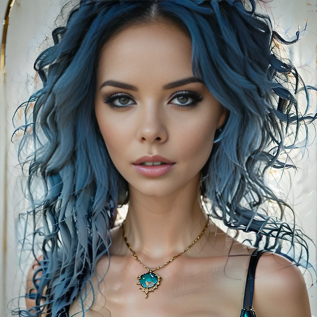 a close-up of a woman with blue hair and a necklace, A digital painting, inspired by Hedi Xandt, Trends bei CG Society, digital art, Photo of a beautiful woman, pretty girl with blue hair, Beautiful portrait image, Breathtaking portrait, detailed beauty portrait, beautiful woman with blue hair, beautiful blue-haired girl, Realistic digital painting, Beautiful face portrait