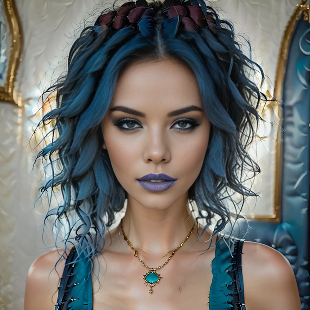 a close-up of a woman with blue hair and a necklace, A digital painting, inspired by Hedi Xandt, Trends bei CG Society, digital art, Photo of a beautiful woman, pretty girl with blue hair, Beautiful portrait image, Breathtaking portrait, detailed beauty portrait, beautiful woman with blue hair, beautiful blue-haired girl, Realistic digital painting, Beautiful face portrait