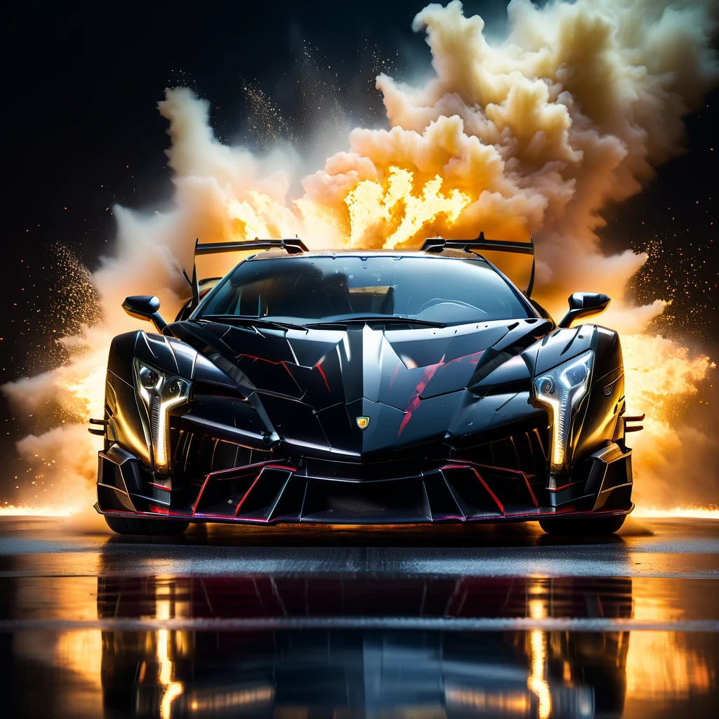 a highly detailed, photorealistic, 8k image of a lamborghini veneno, glossy black paint, intricate carbon fiber body, dynamic low angle view, dramatic lighting, cinematic composition, hyperrealistic details, in a big race, flames and explotions