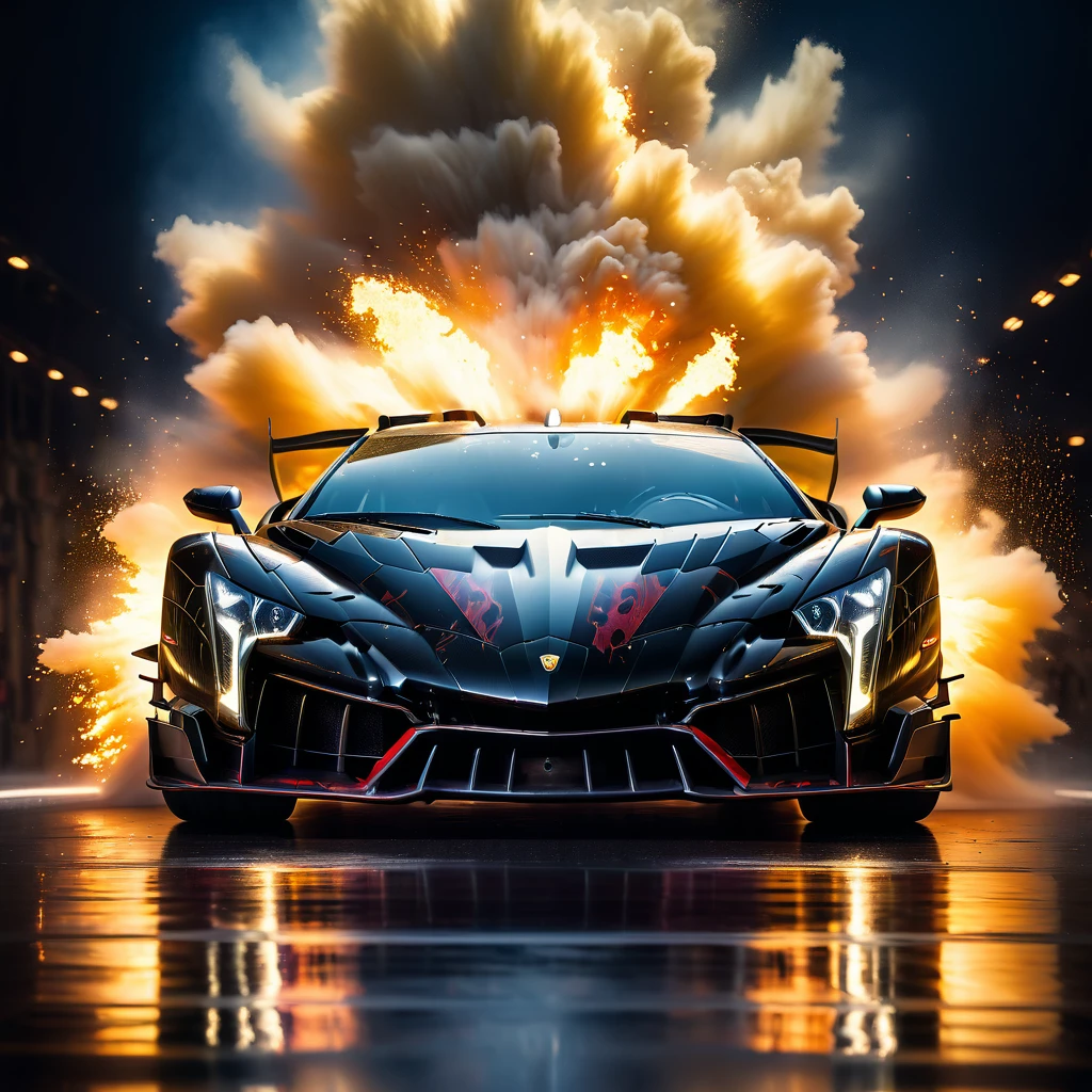 a highly detailed, photorealistic, 8k image of a lamborghini veneno, glossy black paint, intricate carbon fiber body, dynamic low angle view, dramatic lighting, cinematic composition, hyperrealistic details, in a big race, flames and explotions