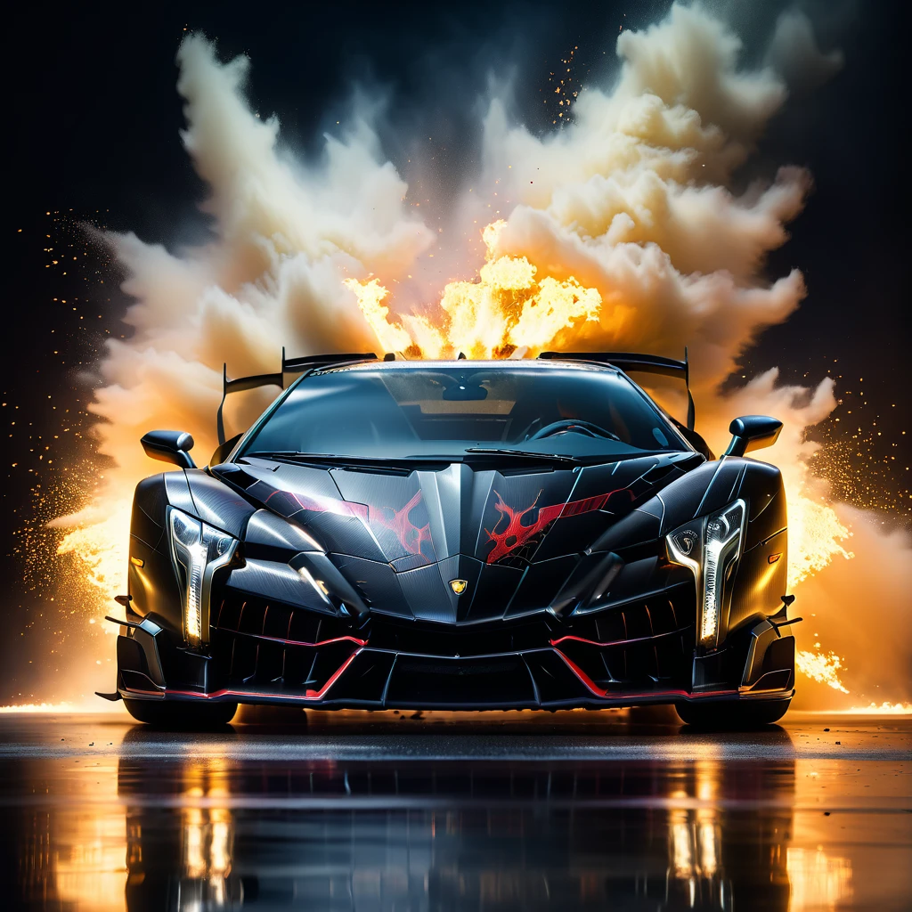 a highly detailed, photorealistic, 8k image of a lamborghini veneno, glossy black paint, intricate carbon fiber body, dynamic low angle view, dramatic lighting, cinematic composition, hyperrealistic details, in a big race, flames and explotions