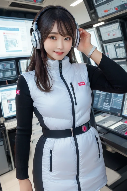 masterpiece, Highest quality, Very detailed, 8K Portrait,Japanese Android Girl,plump , Control panel,Robotic arms and legs, Blunt bangs,,break (Metallic Gray, Metallic luster, Mirror finish, Astro Best):5,headphone:5,break (Black sleeves):100,Smart Watches,Futuristic space station,Control Room,break headphone,blue eyes,(Black Hair):2,(Long Hair):1.3,Displaying the viewer,(respirator),break blush:3,Hidden Hand,smile