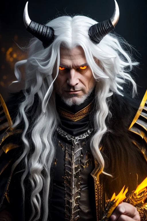 Yellow eyes demon. white hair. With horns. He carries a necromancer's staff. And gold-trimmed clothing