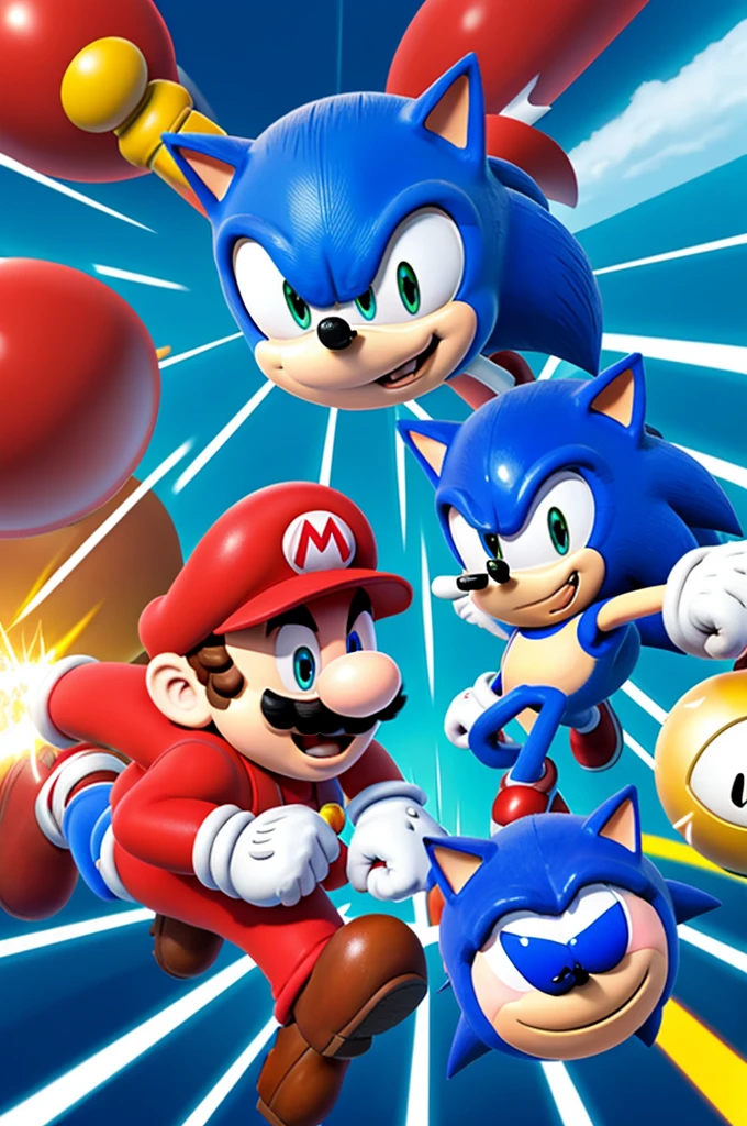 Mario and Sonic fighting with Kirby