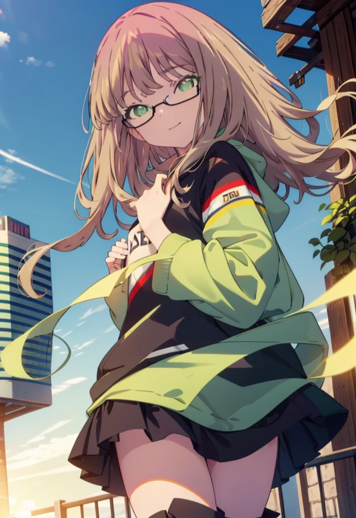 minami yume ,sss Dynazenon ,Long Hair, Brown Hair, (Green Eyes:1.5) ,Center of chest,hair band,happy smile, smile, Open your mouth, Black-rimmed glasses,Oversized red hoodie,Blue long skirt,short boots,Walking,whole bodyがイラストに入るように
break looking at viewer, whole body,(Cowboy Shot:1. 5),
break outdoors, Building district,
break (masterpiece:1.2), Highest quality, High resolution, unity 8k wallpaper, (shape:0.8), (Beautiful and beautiful eyes:1.6), Highly detailed face, Perfect lighting, Extremely detailed CG, (Perfect hands, Perfect Anatomy),