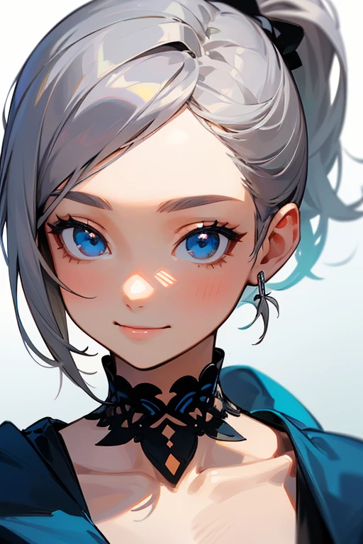 (masterpiece: 1.2, Highest quality), (Actual Photos, Intricate details), 1. woman, alone, Upper Body, casual, Shoulder-length hair, Minimal makeup, Natural materials, Face close-up, smile, Home, Gray Hair, blue eyes, Shoulder Bare、ponytail、Swimwear、