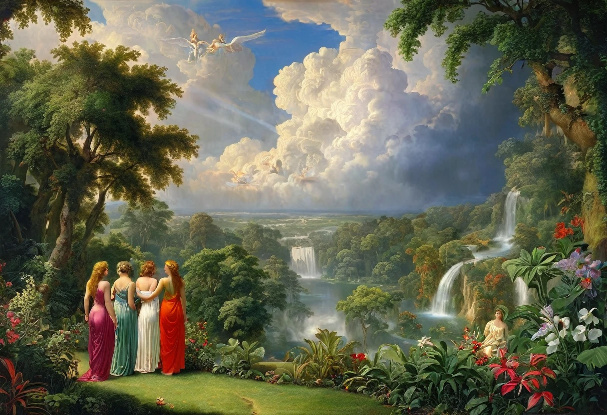 on a garden, full body, naked, three females greek with cloak are running, female greek, painted of rugged zeus and queen hera, god of thunder, female greek god, white hair, masculine, mature, handsome, upper body, muscular, hairy torso, fantasy, intricate, elegant, highly detailed, digital painting, artstation, concept art, smooth, sharp focus, illustration, art by gaston bussiere and alphonse mucha, almost naked