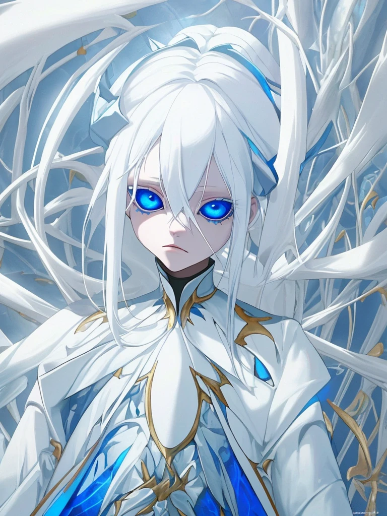 albino, blue eyes, White hair, blue white and gold clothes