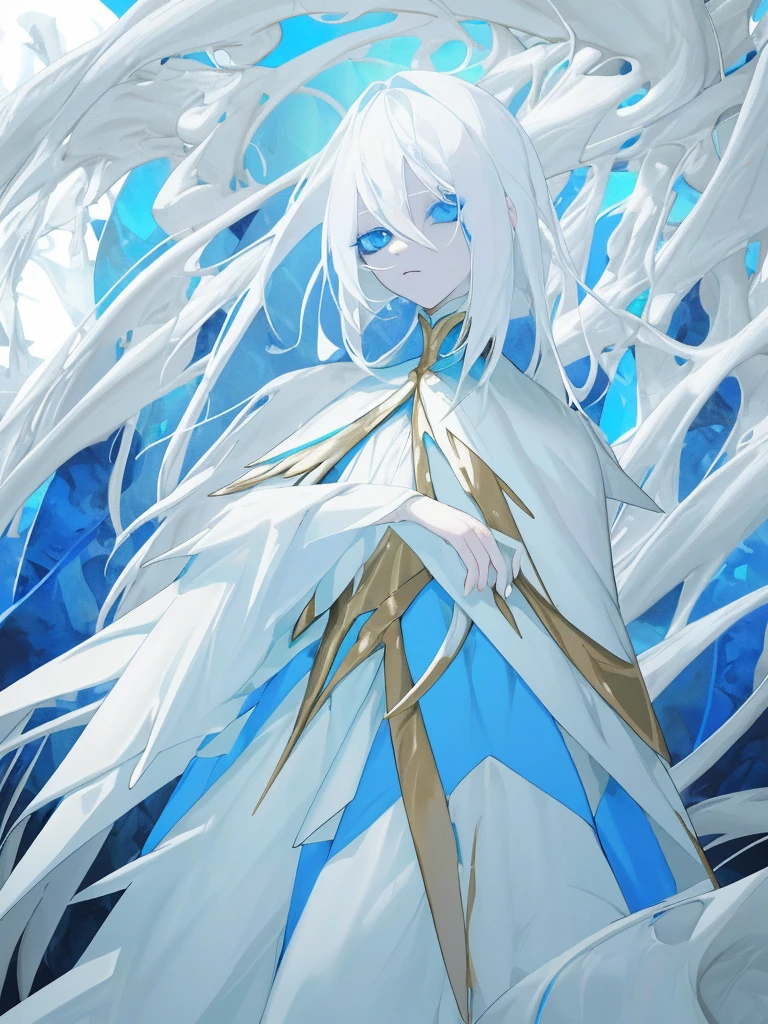 albino, blue eyes, White hair, blue white and gold clothes