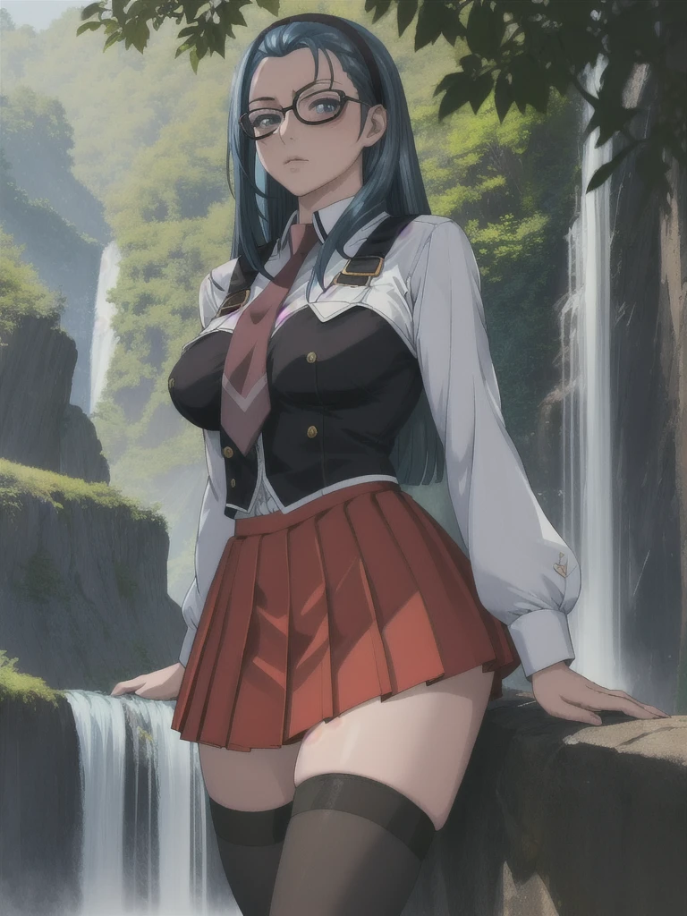 SchoolUniform_JunkoMochida_ownwaifu,
1girl, blue hair, long hair, glasses, hairband, large breasts, blue eyes,
, red necktie, vest, red skirt, pleated skirt, zettai ryouiki, thighhighs, legs,
((masterpiece)),((best quality)),(highres), bokeh, depth_of_field, day, tree shade, sunlight, scenery, rock, waterfall, looking at viewer, solo, cowboy shot,