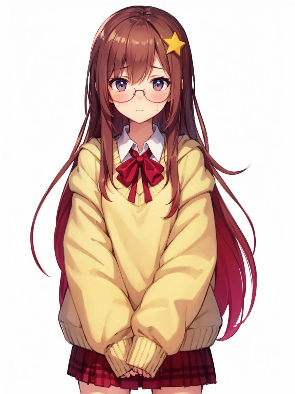 Nervous girl looking to the side, blushing and sweating