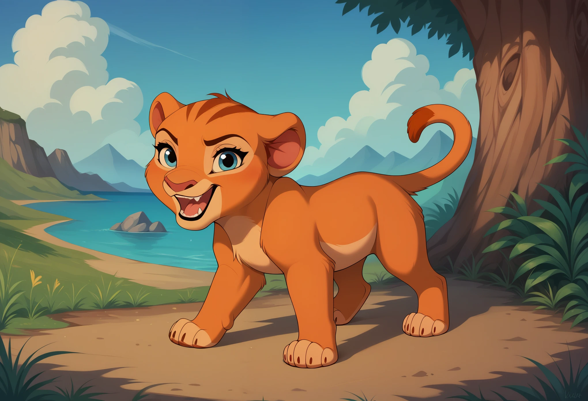 score_9, score_8_up, score_7_up, score_6_up, rating_safe, source_furry, disney, lioness, young female, (young nala), standing, solo, feral, (4 toes), weak paw, blue eyes, (lidded eyes:1.0), cub, (smile:0.3), open mouth, fang, white teeth, playful, looking at viewer, (dewclaw:0.5), 