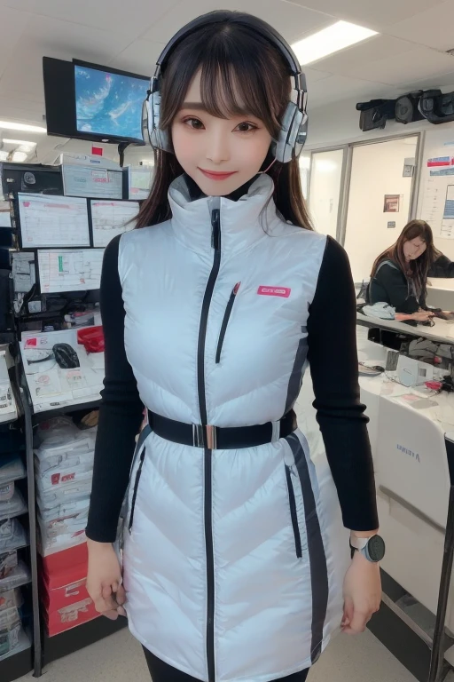 masterpiece, Highest quality, Very detailed, 8K Portrait,Japanese Android Girl,plump , Control panel,Robotic arms and legs, Blunt bangs,,break (Metallic Gray, Metallic luster, Mirror finish, Astro Best):5,headphone:5,break (Black sleeves):100,Smart Watches,Futuristic space station,Control Room,break headphone,blue eyes,(Black Hair):2,(Long Hair):1.3,Displaying the viewer,(respirator),break blush:3,Hidden Hand,smile